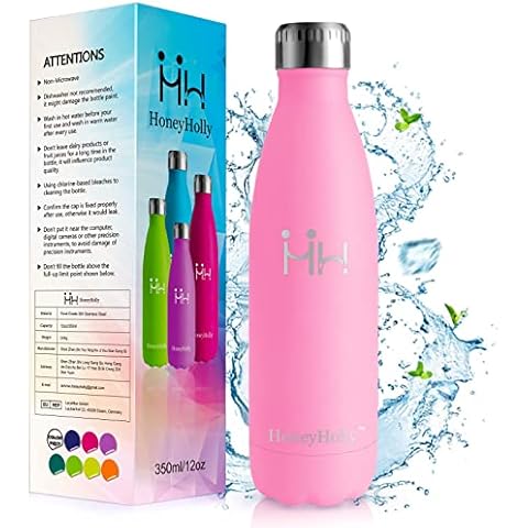 HoneyHolly Kids Stainless Steel Water Bottle 350ML, Metal Water Bottle, Double Walled Vacuum Insulated, Kids Flask for School, Girls, Boys, Toddler BPA Free Reusable Leak proof for Hot/Cold Water Cover