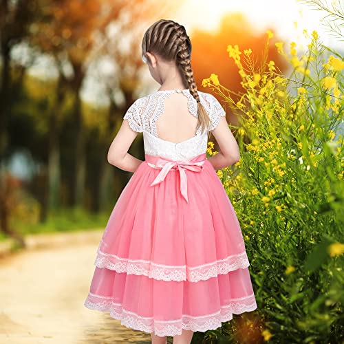 Sunny Fashion Flower Girls Dress Lace Pink Hollow Back Layered Ribbon Bow Tie2
