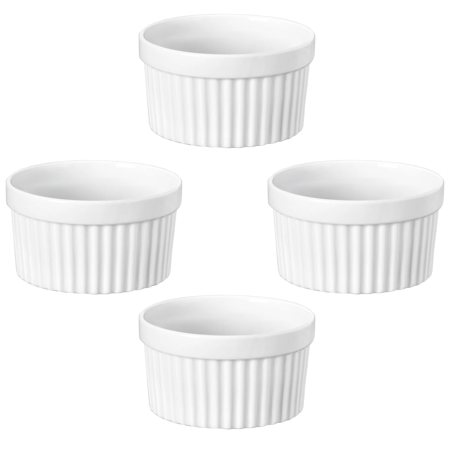 Set of 4 White Fluted Traditional Porcelain Creme Brulee Ramekins, Fluted Souffle Dishes, Oven Safe, Dishwasher Safe and Air Fryer Safe, 7.5cm Diameter, 96ml Capacity for Baking, Pudding, Ice Cream