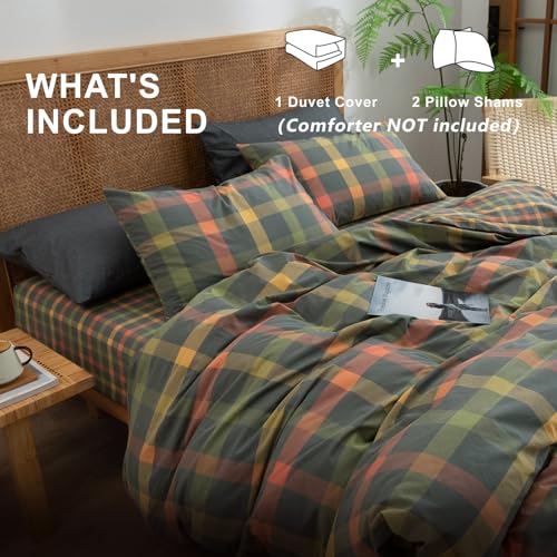 Image of VM VOUGEMARKET Washed Cotton Bedding Set King Colorful Plaid Duvet Cover Set 3 Pieces Orange Grey Green Grid Duvet Cover with Zipper Ties for Men Women-104x90 Inch