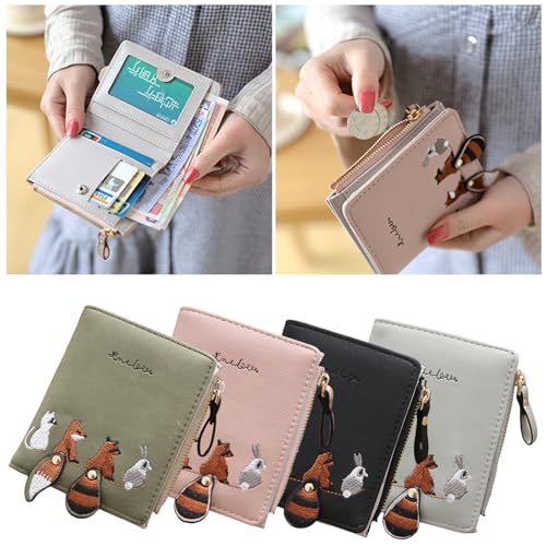 Embroidery Purse Women's Wallet with Animal Pattern Zippered Coin Pocket and Clear Window Card Holder for Daily Use2