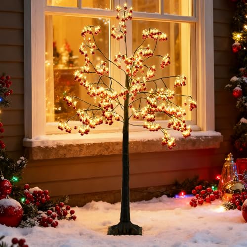 GOPLUS beleuchteter Lichterbaum, 150 cm künstlicher Weihnachtsbaum mit 480 warmweißen LED-Lichtern, Weihnachtsdekoration mit 384 roten Kugeln, Dekorationsbaum Christbaum für Veranda & Garten, Rot