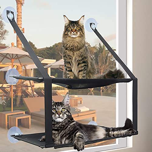 Cat Window Perch Cat Hammock Windows Seat Double for Large Cat Space Saving Window Mounted Cat Bed Durable Safety Cat Perch with 6 Suctions Cups Suit for Large and Small Cat Size