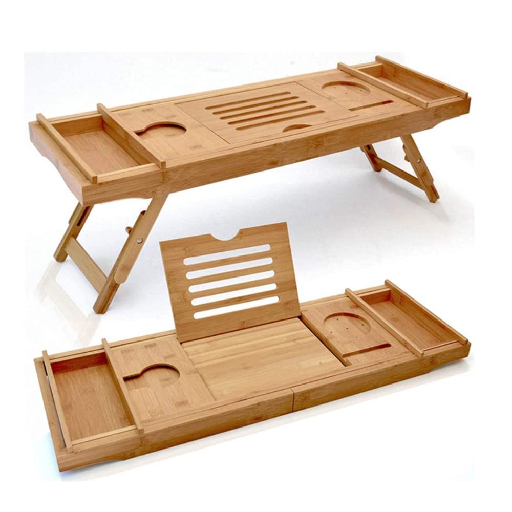 Plateau de Bain en Bambou, Pont de Baignoire Extensible, Etagère à Baignoire de Salle de Bain avec Plateau de Rangement et Porte-Savon, Baignoire et Plateau de Lit, 75-109cm*23*4.5cm
