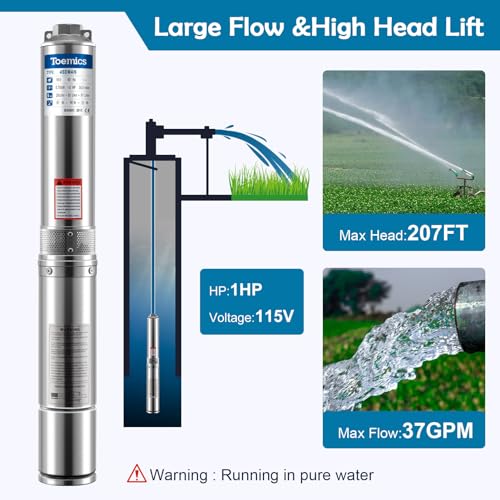 Toemics Deep Well Submersible Pump With External And Built-In Check Valve, 1Hp 115V/60Hz, 37 Gpm Flow, 207Ft Head With 10Ft Copper Power Cord Stainless Steel Water Pump For Industrial Irrigation thumb #2
