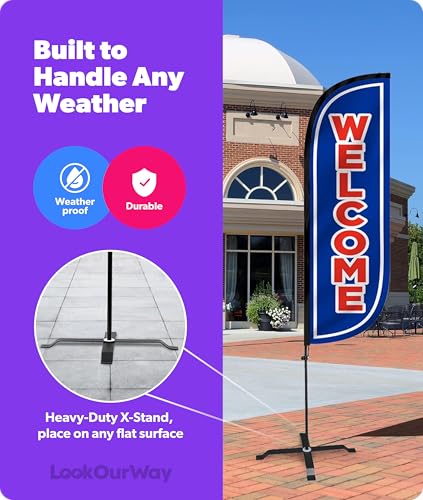 Image of LookOurWay Feather Flag Set - 5ft Tall Advertising Banner Flag with Pole Kit and X-Stand for Business Promotion - Welcome Blue /Red