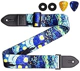 Guitar Strap, KINPHY Guitar Strap Acoustic Include 2 Guitar Picks and Guitar Straps Lock, Leather Ends & Polyester, Guitar Accessories for Bass Acoustic Electric Guitars (Van Gogh 'Starry Night')