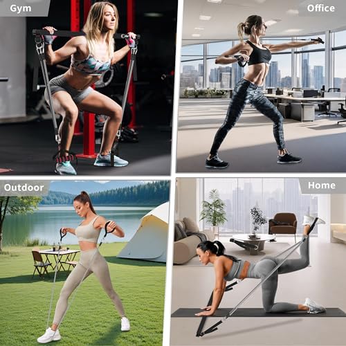 Image of Goocrun Portable Pilates Bar Kit with Resistance Bands for Men and Women - 3 Set Exercise Resistance Bands - Multifunctional Home Gym - Supports Full-Body Workouts - with Fitness Poster and Video