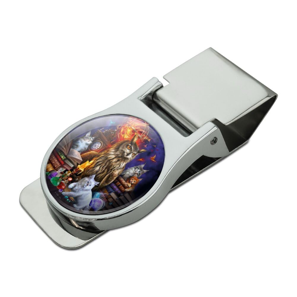 Owl and Cats Library Satin Chrome Plated Metal Money Clip