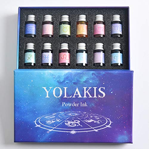 YOLAKIS Calligraphy Pen Ink, 12 Color Drawing Ink Glass Dip Pen Ink Set Gold Powder Artistic Ink with Gift Box (12 Color)