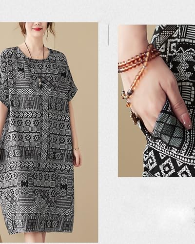 Image of LUZU JUNU Women's Summer Baggy Plus Size Loose Cotton Linen Long Boho Beach Dress with Pockets