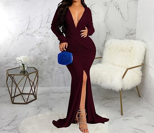 Image of Women's Elegant Formal Mermaid Maxi Dress Off Shoulder Long Sleeve Wedding Split Evening Gown Prom Cocktail Party Dresses
