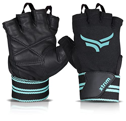 XTRIM xMacho Gym Gloves with Wrist Support Strap for Men & Women Workout, Half-Finger Hand Gloves for Weightlifting, Wrist Band for Dumbbell, Exercise & Gym Workout (M, Fits 7.5-8 Inches, Blue-Black)