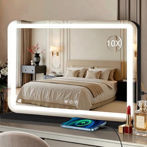 Ratsamee 23x18 Black Vanity Mirror with Lights Led Makeup Mirror Lighted Makeup Mirror with 3 Color Dimmable Lights Smart Touch Screen Control Aluminum Metal Frame USB Charging Port