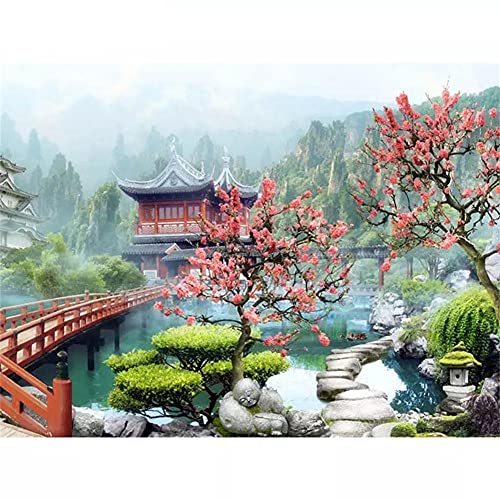 DIY 5d Diamant Peinture par numéro kit Complet jardin japonais Diamond Painting Adultes/Enfants Round Grande Taille Broderie Point de Croix Artisanat pour la Maison Décor Murale（50x70cm，20x28in）