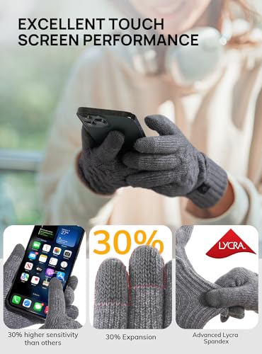 TRENDOUX Thermohandschuhe Winter Damen, Elastisch Softshell Sport Handschuhe Mit Touchscreen-Funktion, Warm Winter Handschuhe Frau Zum Laufsport, Wandern, Laufwerk - Grau