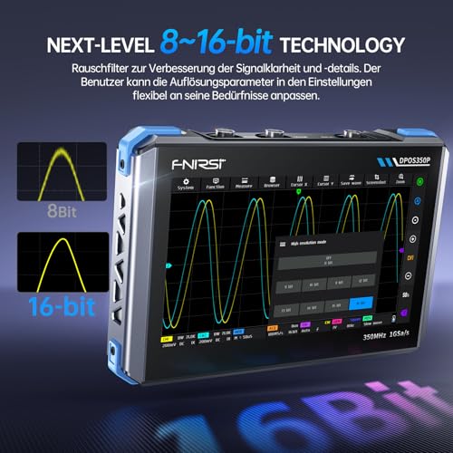 FNIRSI DPOS350P 4-in-1 Tablet-Oszilloskop 350 MHz, Spektrumanalysator 200 kHz – 350 MHz, Frequenzganganalysator DDS-Generator, 2-Kanal-Handoszilloskop 1 GSa/s, 7-Zoll-Touchscreen, digitaler Phosphor