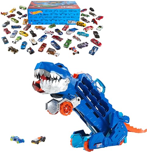 Image of Hot Wheels City Ultimate Hauler, Transforms into Stomping T-Rex with Race Track, Lights and Sounds, Toy Storage for 20+ 1:64 Scale Cars + 50-Pack of 1:64 Scale Vehicles
