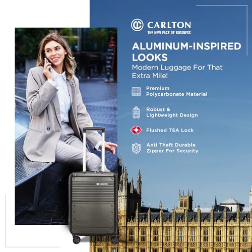 Image of Carlton Alumina | Cabin Trolley Bag, 56 Cm Small Hardsided Luggage | 8 Wheels, TSA Lock | Polycarbonate | Premium Suitcase for Travel | 5 Year International Warranty | Metallic Graphite