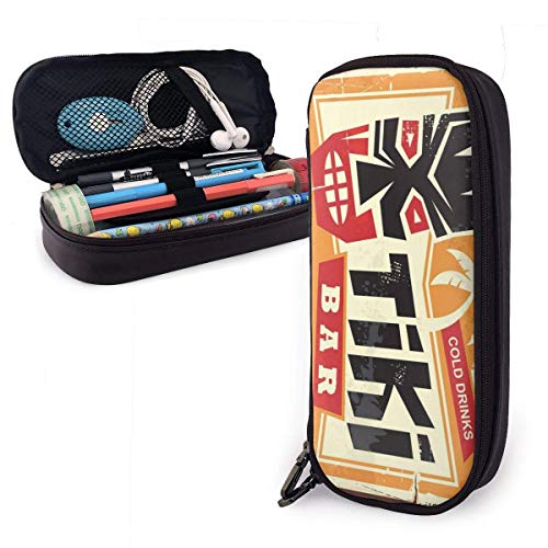 Tiki Bar Vintage Cartel de chapa Estuche de lápices portátil Lindo bolso de cuero para bolígrafos Organizador de papelería de escritorio con cremallera Soporte de bolígrafo de gran capacidad para la