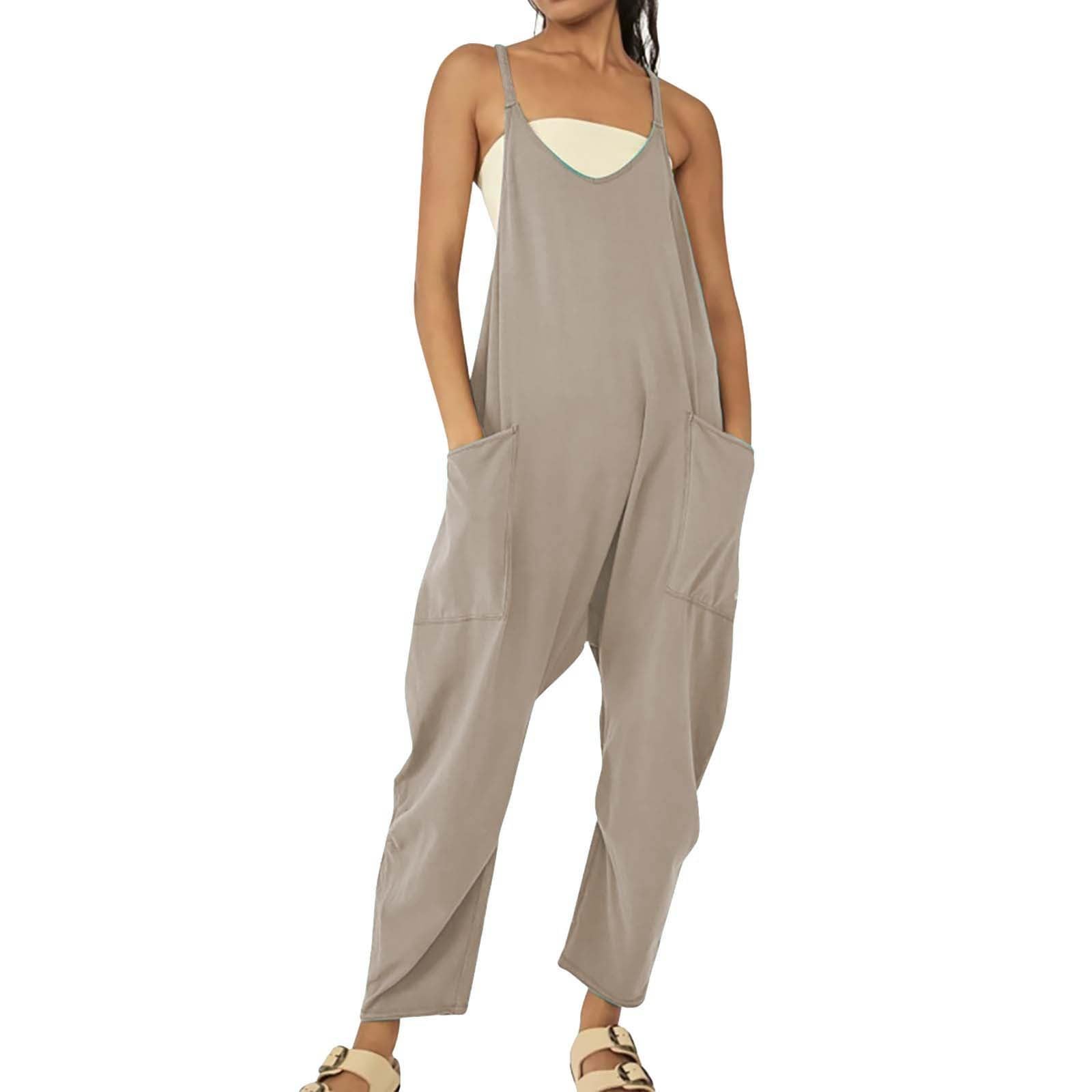 Combinaison Pantalon Femme Sans Manches Col V Bretelles Spaghetti Jambe Large Chic Élégante Avec Poches