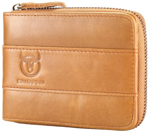 Image of BULLCAPTAIN Men's Leather Wallet Zipper Around RFID Blocking Wallets Bifold Multi Card Holder Purse (Yellow-brown)