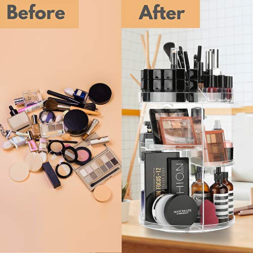 LINFIDITE 360 Rotating Makeup Organizer Cosmetic Storage Spining Makeup Holder Box Display Stand Adjustable Tray for Vanity Bathroom Bedroom Closet Large Acrylic Clear