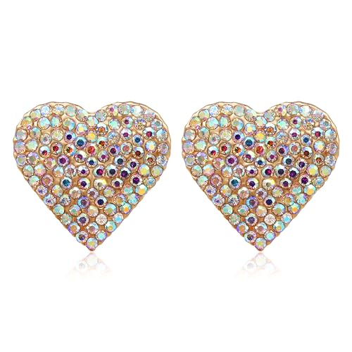 Heart Love AB Crystal Pave Clip On Gold Earrings for Women - PeriFairy Rhinestone Colorful Earrings Non Pierced Jewelry