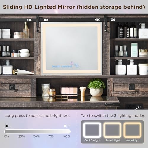 T4TREAM 48'' Farmhouse Makeup Vanity Desk with Sliding HD Mirror and Lights, Big Modern Lighted Vanity Table with 7 Drawers & Shelves, Rustic Large Dressing Table for Bedroom, Dark Rustic Oak