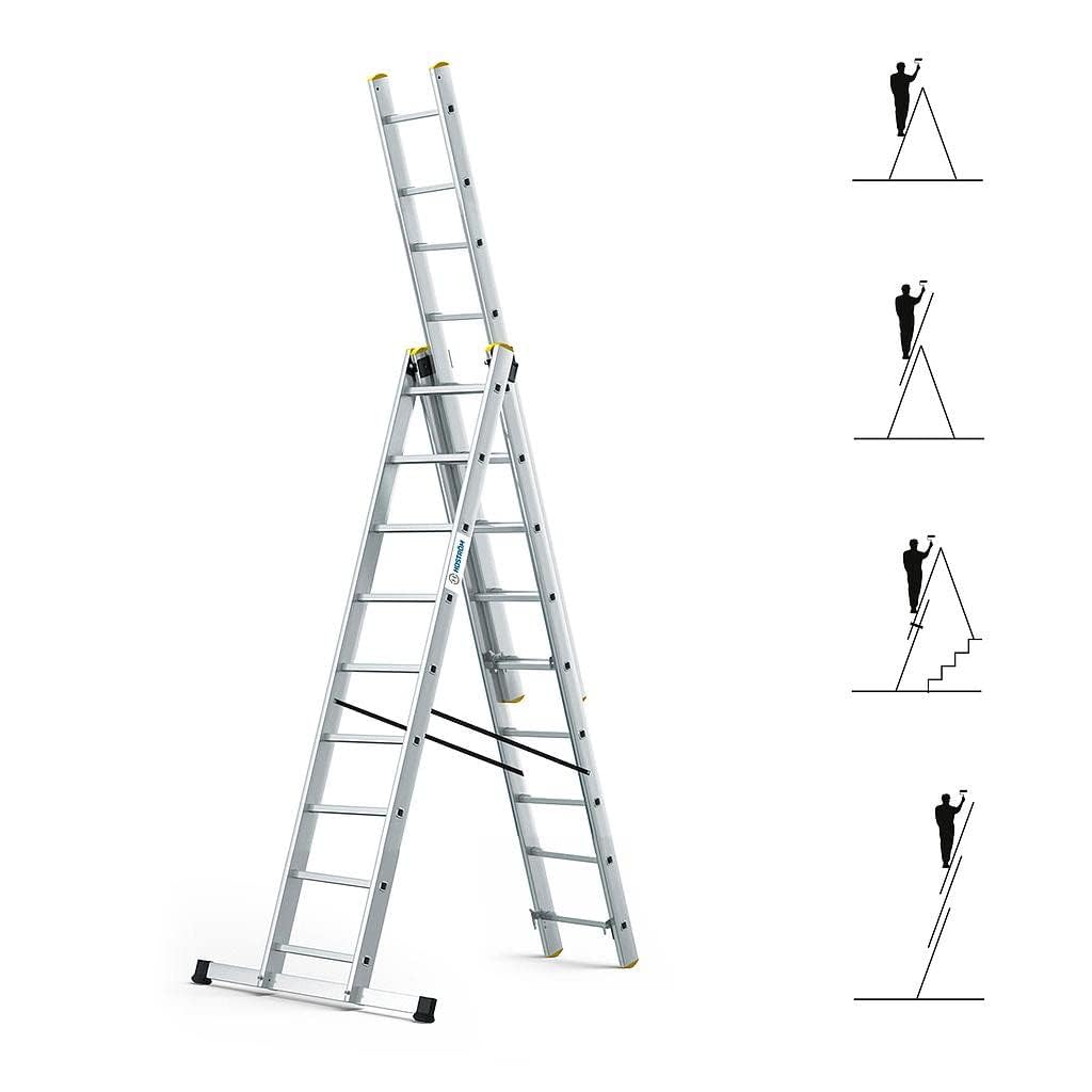 HOSTRÖM Echelle Transformable 3 Plans StablePro 3x9 marches Aluminium Extensible coulissante, 6 Positions, Hauteur Travail Max 6,10m, Garantie 5 Ans