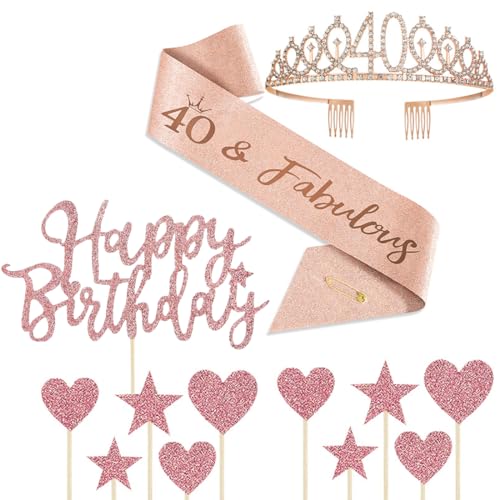 INGJIA 40 Ans Couronne Anniversaire Echarpe Femme,Or Rose Echarpe Couronne Anniversaire 40 Ans Gâteau Topper Cadeau Décoration Anniversaire 40 Ans Femme