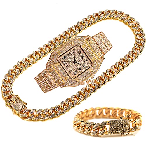 Cadena cubana de hip hop con reloj de diamantes cuadrado y pulsera de oro para hombre