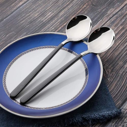 Image of Stainless Steel Dinner /Table Spoons, Silver Elliptical Head, Spoon Set, Length 21 cm (12 Pieces Black Spoon)