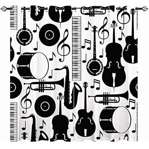 YUANZU Music Blackout Curtains - Jazz Music Black White Note Musical Instruments Print Pattern Eyelet Thermal Insulated & Room Darkening Window Drapes for Bedroom Living Room 2 Panels W75cm x D166cm Cover