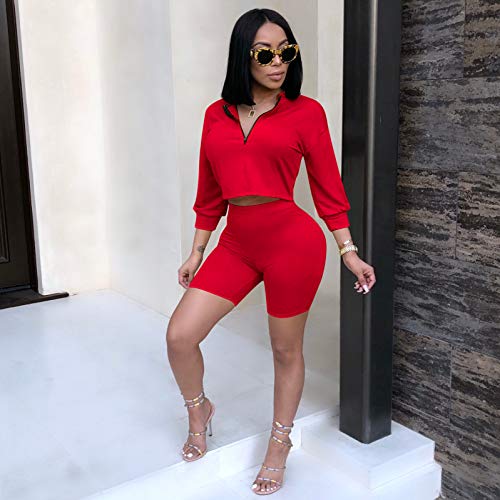 Women 2 Piece Short Set Sexy Outfits for Women Sweatsuits Matching Tracksuit Set Cute Loungewear Casual Clubwear Red L