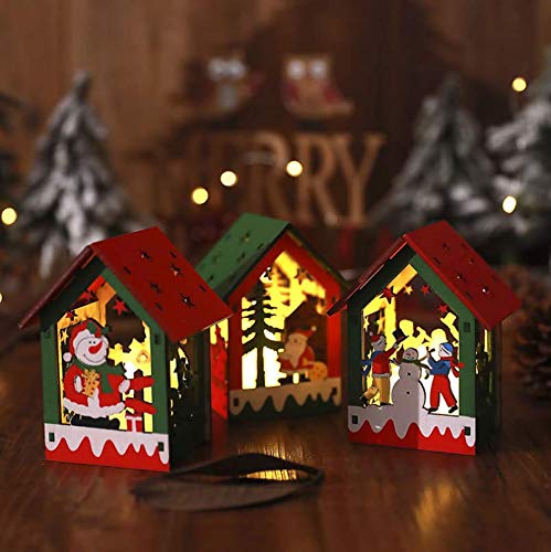 Queta 4PCS Luminosas Casitas de Madera Navidad, con Luz Blanca Cálida, Decoracion luminiscente de árbol de Navidad, con Patrón de Papá Noel y Muñeco de Nieve, para Decoración Colgantes de Navidad