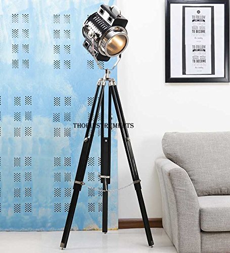 THORINSTRUMENTS (with device) Hollywood Spotlight Searchlight Wooden Tripod Floor Lamp Light Home Decor