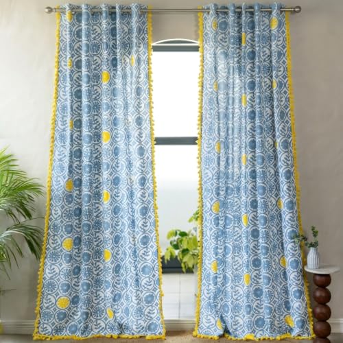 Image of Tranquebar Curtain Co. 152 cm (5 Feet), Blue & Yellow Geometric Print, 1 Piece, 100% Cotton Fabric,Eyelets- Window Curtain 5 Feet