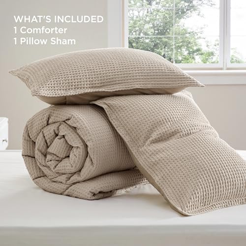 Image of Bedsure Waffle Comforter Set Twin, Khaki Soft Bedding, Waffle Weave Bed Set, 2 Pieces, 1 Comforter (68 inchx90 inch) and 1 Pillow Sham, Cotton Shell and Polyester Lining for All Seasons