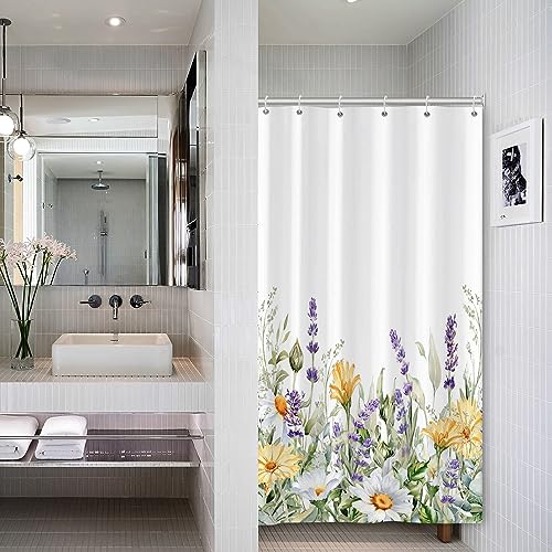 Bovlleetd Purple Lavender Small Shower Curtain Spring Botanical Watercolor Rustic Flowers Plant Shower Curtain for Bathroom Waterproof Fabric Bathtub Curtain with Hooks 92x183cm