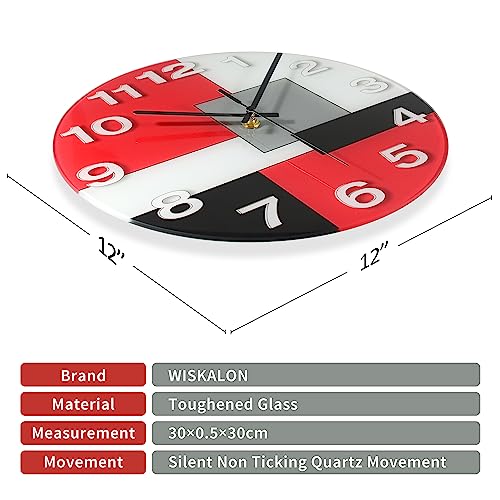 Wiskalon Abstract Geometric Glass 12" Wall Clock In White, Grey, Red And Black - Battery Operated, Silent Non Ticking Quartz Clock For Home, Kitchen, Living Room, Bathroom, Bedroom, Or Office Decor #TOP2
