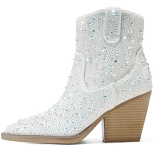 Women's Rhinestone Boots Sparkly Cowboy Booties Chunky Block Heel Pearl Detail Pointed Toe Bridal Wedding Western Studded Ankle Boots Cowgirl Short Boots
