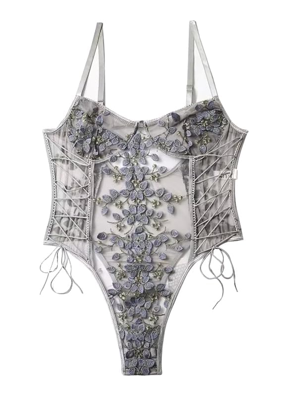Lilosy Women Sexy Lace Up Floral Embroidered Teddy Lingerie Bodysuit Top Mesh Sheer One Piece: 3X-Large Grey