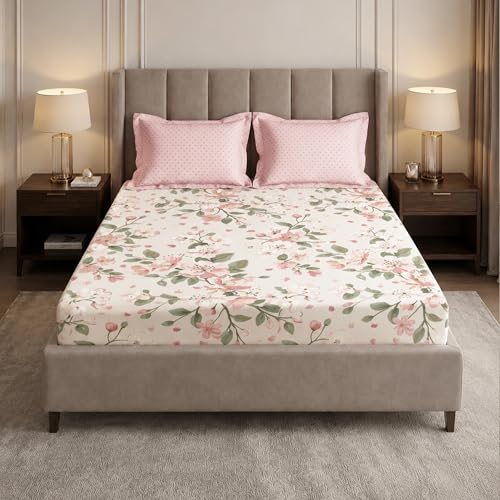 Image of MYTRIDENT Soft Comfort Bedsheet for Double Bed, 100% Cotton Bedsheet, 180 TC, Soft and Breathable, King Size Bedsheet with 2 Pillow Covers - Daisy
