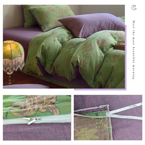 VM VOUGEMARKET Green Duvet Cover Set Full,Lily Flower Jacquard Duvet Cover with 2 Pillowcases 3Pcs Yarn-Dyed Linen Cotton Green Purple Bedding Set for Teens Girls Without Comforter-80 x90