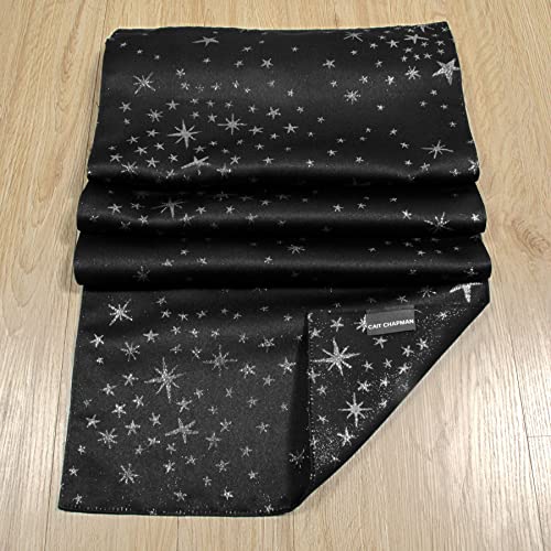 Cait Chapman Home Collection Shimmer Twinkling Stars Black Silver Metallic Woven Table Runner (14”X72”) #TOP3