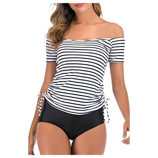 papasgix Tankini Swimsuits for Women Girls Off Shoulder Swimwear Stripe Tankini Set Monokini Two Piece Bathing Suit Black White L