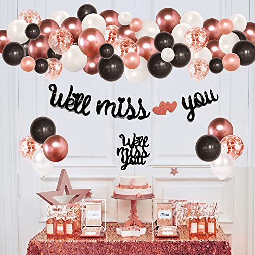 Hombae Going Away Party Decorations, We Will Miss You Decorations, Farewell Party Decorations for Coworker or Friend, We Will Miss You Banner, Cake Topper, Rose Gold and Black Balloons Garland.