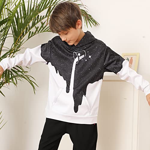 Unicomidea Boys Black White Hoodies Cool Starry Sky Hoodie Pullover Pouring Milk Sweatshirt Youth Teens Long Sleeve Hooded Winter Warm Fashion Hoody Sportswear With Big Pocket 6-8 Years #TOP4