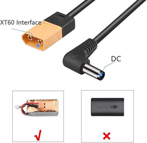 Miniatura 5 de ZEZEFUFU Cable de alimentación XT60 macho enchufe 47.6 in para DJI FPV gafas V2, XT60 macho a DC macho cable de ángulo recto